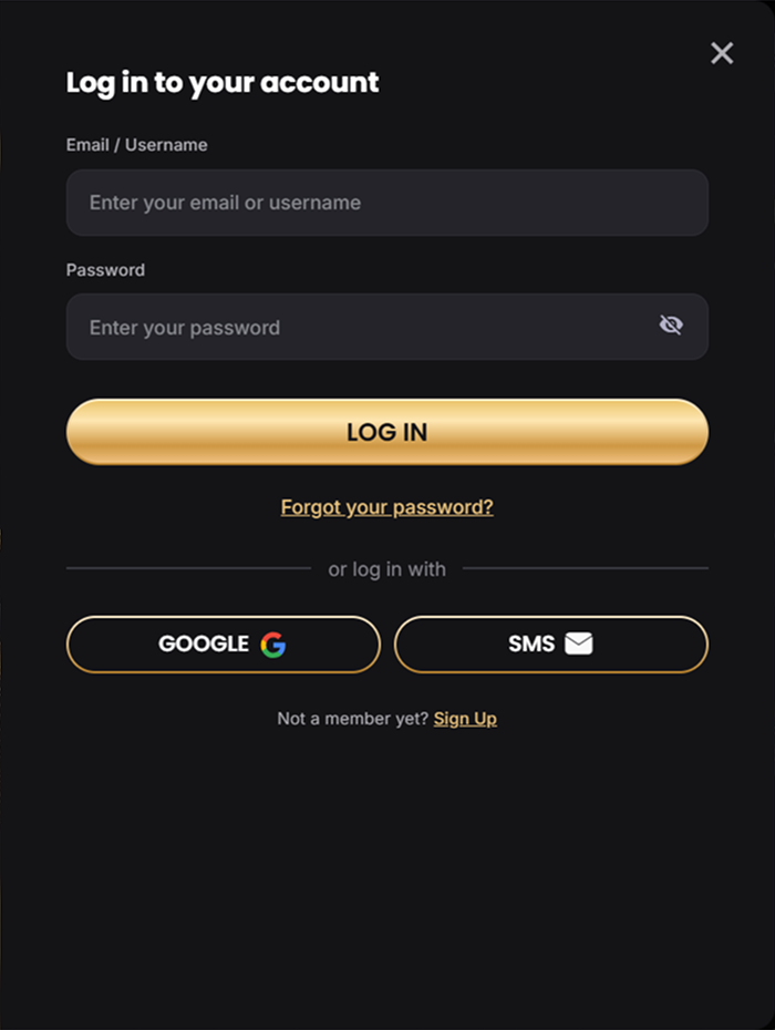 Golden Panda login form with Google and SMS