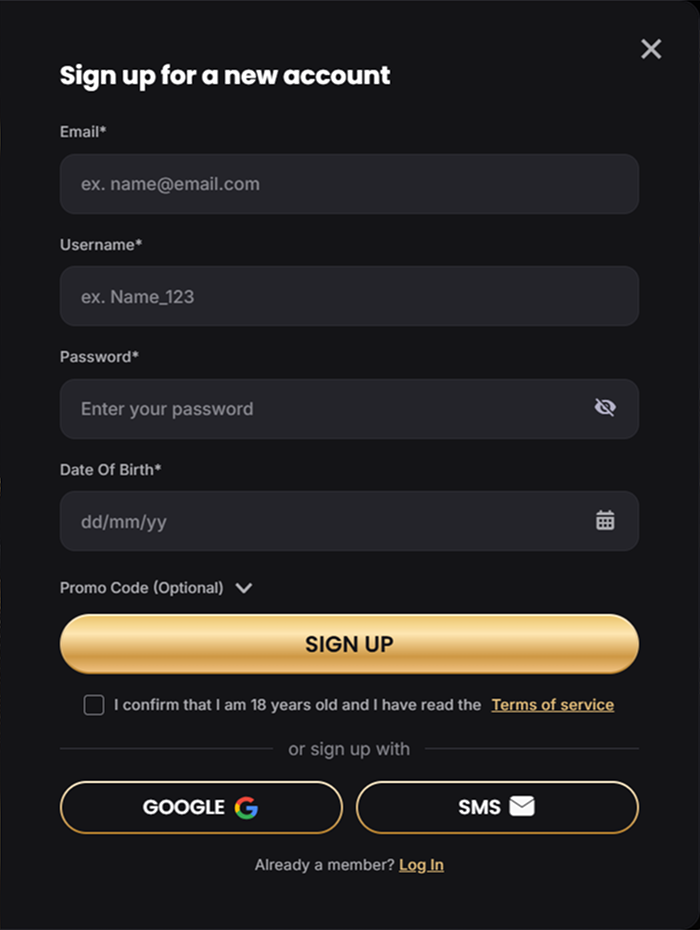 Golden Panda sign up form with promo code