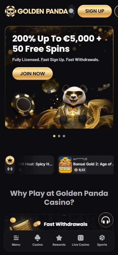 Golden Panda mobile homepage with 200% welcome bonus
