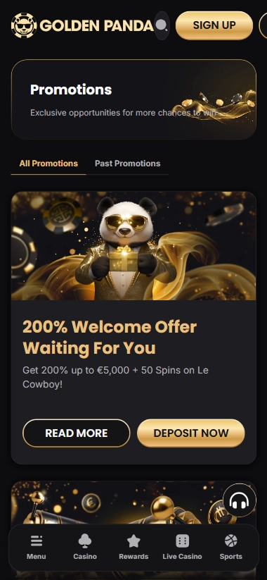 Golden Panda mobile promotions page with welcome offer