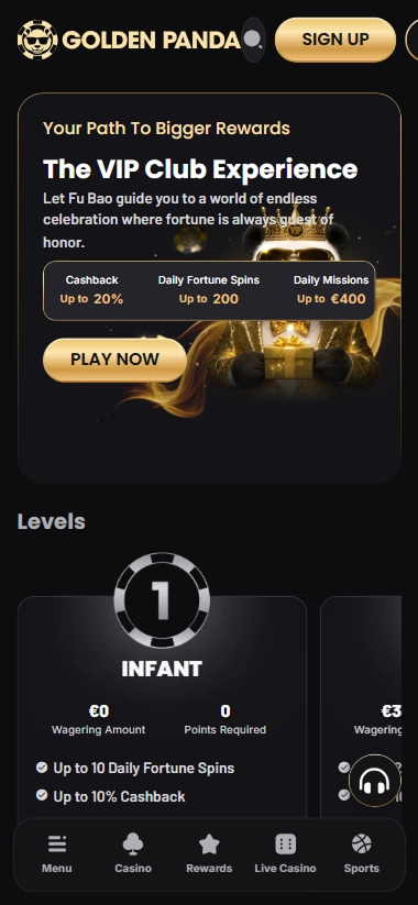 Golden Panda VIP Club with cashback and levels